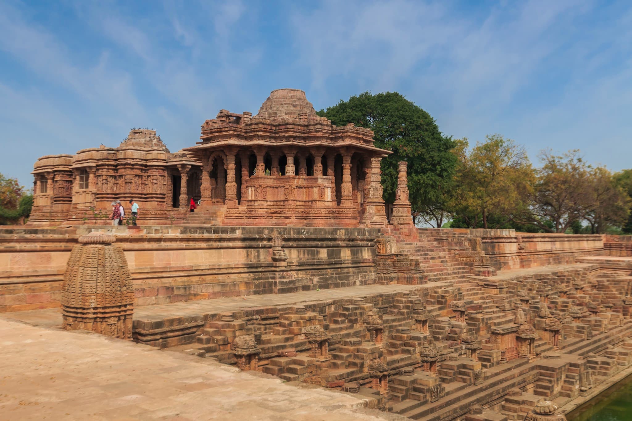 The Sun Temple of Modhera with its ancient stepped tank in golden light